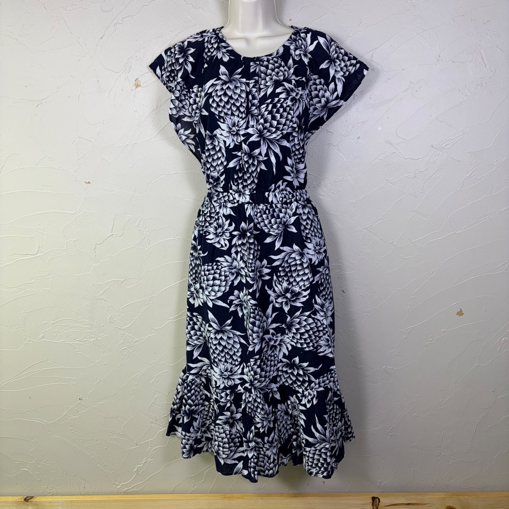 New J Crew Pineapple Print Midi Dress 12 Navy Blue Cotton Ruffle Hem Tropical